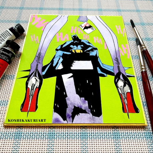 Close-up of "Red Sole" Batman Joker watercolor painting showing Daniel Smith mineral granulation on gold-edged Japanese Shikishi board.