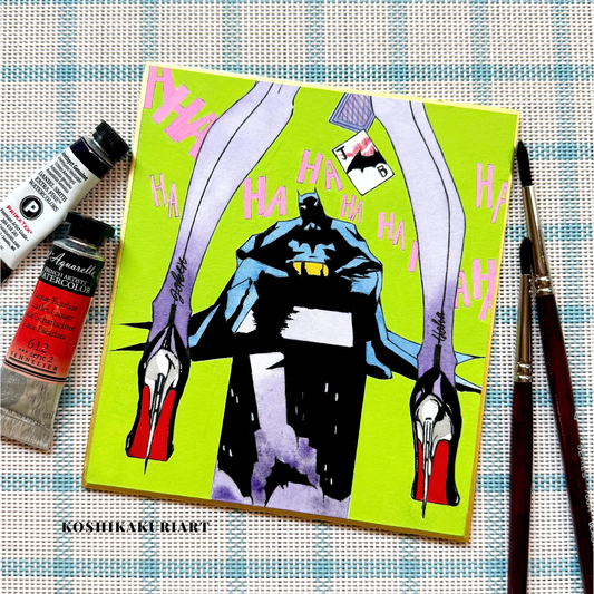 Close-up of "Red Sole" Batman Joker watercolor painting showing Daniel Smith mineral granulation on gold-edged Japanese Shikishi board.